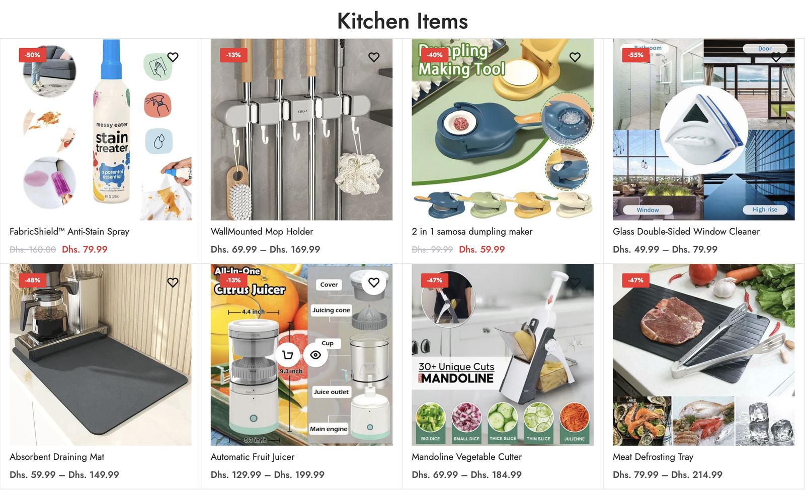 Novyra store Kitchen Items section: a grid of eight products with sale badges and prices in dirhams