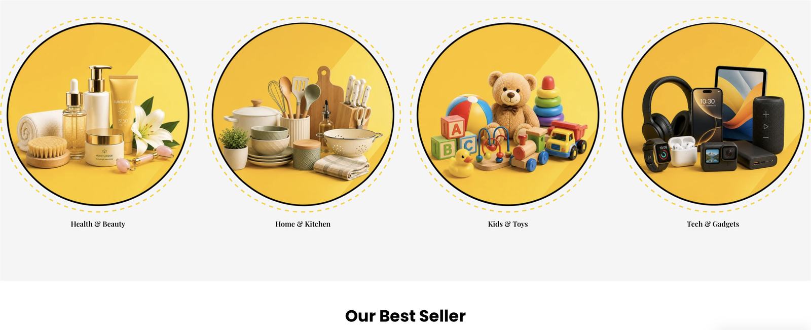 Oryzana category circles for Health & Beauty, Home & Kitchen, Kids & Toys and Tech & Gadgets