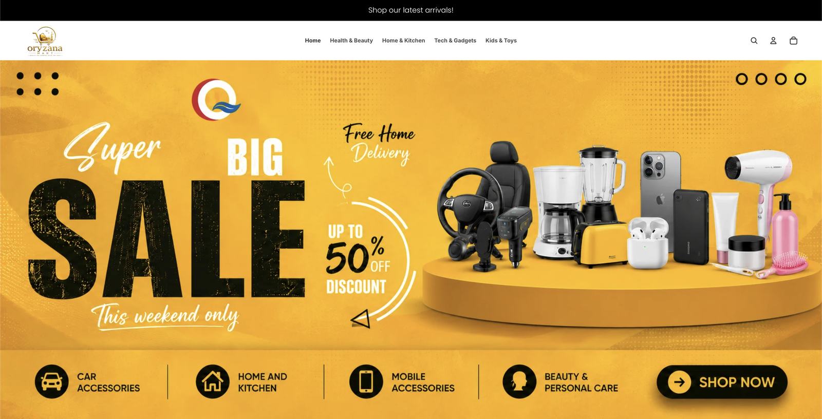 Oryzana store homepage with a yellow Super Big Sale banner, up to 50% off and category shortcuts